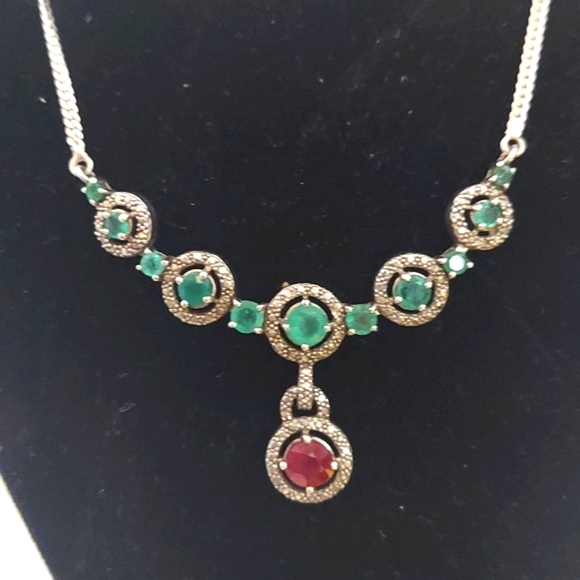 Jewelry - Victorian inspired Emerald and natural white zircon Sterling Silver Necklace